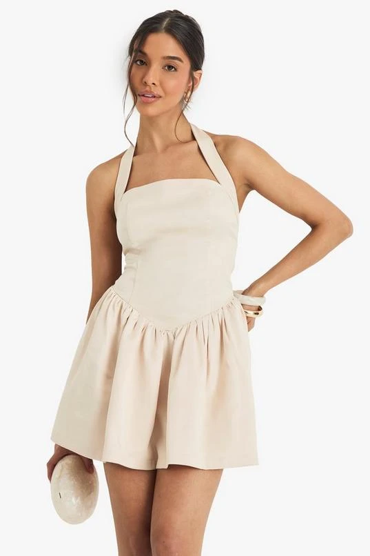 BOOHOO Satin Halterneck Drop Waist Volume Mini Dress 1 BOOHOO Satin Halterneck Drop Waist Volume Mini Dress