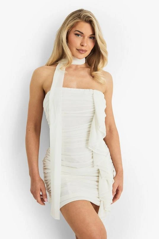 BOOHOO Chiffon Scarf Detail Ruched Mini Dress 1 BOOHOO Chiffon Scarf Detail Ruched Mini Dress