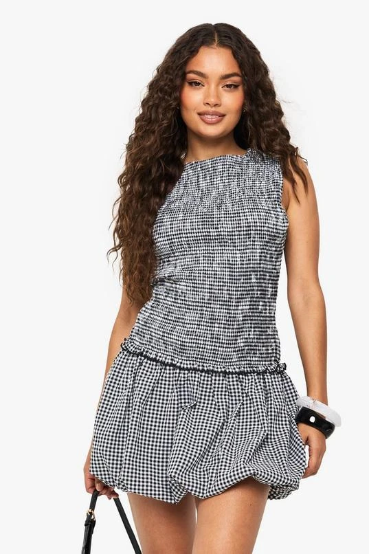 BOOHOO Gingham Shired Detail Puffballl Mini Dress 1 BOOHOO Gingham Shired Detail Puffballl Mini Dress