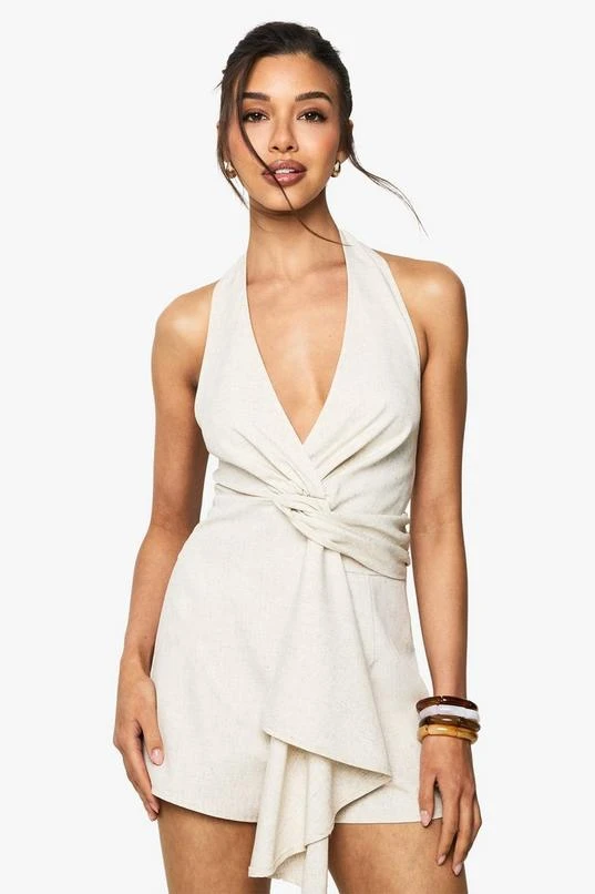 BOOHOO Linen Look Twist Neck Halterneck Playsuit 1 BOOHOO Linen Look Twist Neck Halterneck Playsuit
