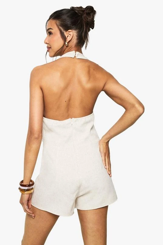 BOOHOO Linen Look Twist Neck Halterneck Playsuit 2 BOOHOO Linen Look Twist Neck Halterneck Playsuit - Image 2