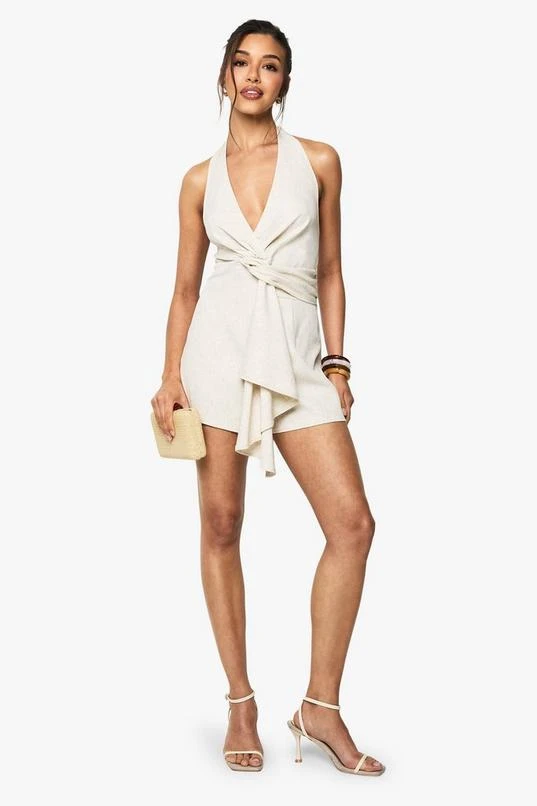 BOOHOO Linen Look Twist Neck Halterneck Playsuit 3 BOOHOO Linen Look Twist Neck Halterneck Playsuit - Image 3