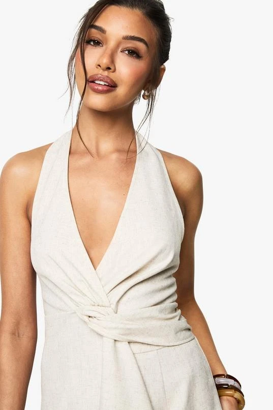 BOOHOO Linen Look Twist Neck Halterneck Playsuit 4 BOOHOO Linen Look Twist Neck Halterneck Playsuit - Image 4