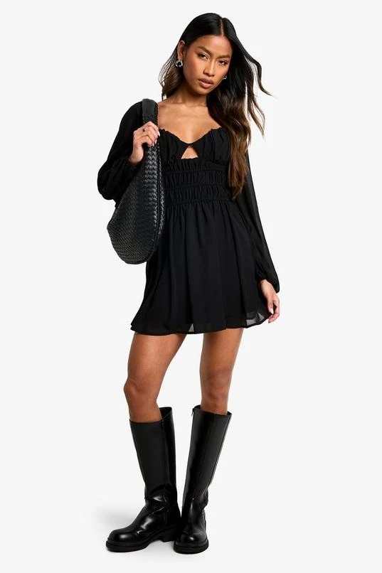BOOHOO Chiffon Shirred Flare Sleeve Mini Dress 1 BOOHOO Chiffon Shirred Flare Sleeve Mini Dress