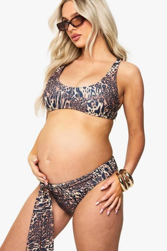 BOOHOO Maternity Leopard Scoop Neck High Waisted Tie Detail Bikini 1 BOOHOO Maternity Leopard Scoop Neck High Waisted Tie Detail Bikini