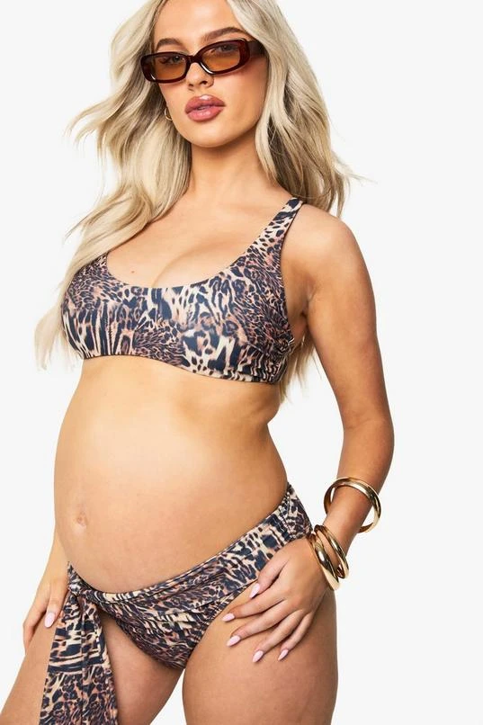 BOOHOO Maternity Leopard Scoop Neck High Waisted Tie Detail Bikini 3 BOOHOO Maternity Leopard Scoop Neck High Waisted Tie Detail Bikini - Image 3