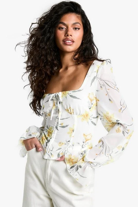 BOOHOO Blurred Ditsy Floral Print Chiffon Balloon Milkmaid Top 1 BOOHOO Blurred Ditsy Floral Print Chiffon Balloon Milkmaid Top