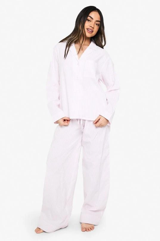 BOOHOO Seersucker Stripe Long Sleeve Shirt & Trousers Pyjama Set 1 BOOHOO Seersucker Stripe Long Sleeve Shirt & Trousers Pyjama Set