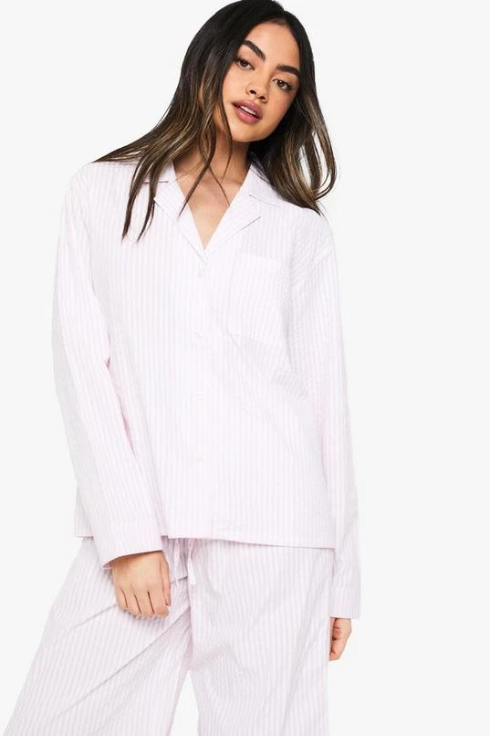 BOOHOO Seersucker Stripe Long Sleeve Shirt & Trousers Pyjama Set 4 BOOHOO Seersucker Stripe Long Sleeve Shirt & Trousers Pyjama Set - Image 4