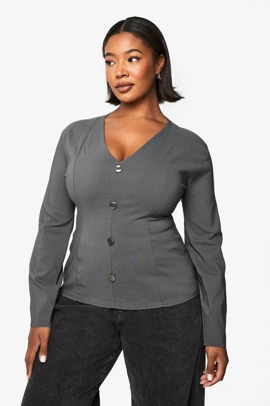 BOOHOO Plus Bengaline Cinched Button Down Top 1 BOOHOO Plus Bengaline Cinched Button Down Top