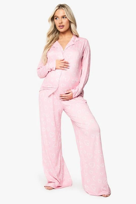 BOOHOO Maternity Heart Print Shirt & Trouser PJ Set 1 BOOHOO Maternity Heart Print Shirt & Trouser PJ Set