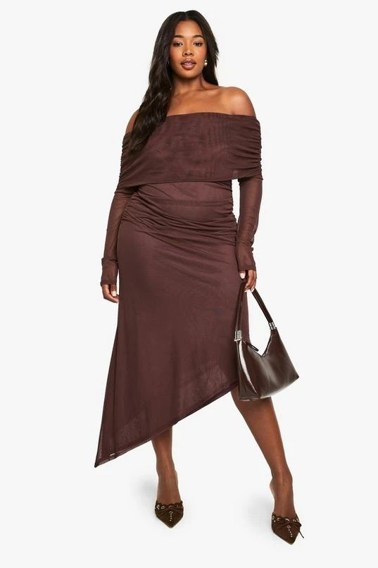 BOOHOO PLUS BARDOT LONG SLEEVE ASYMMETRIC HEM MAXI DRESS 1 BOOHOO PLUS BARDOT LONG SLEEVE ASYMMETRIC HEM MAXI DRESS