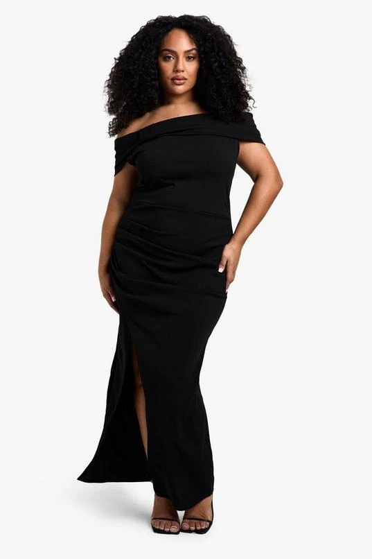 BOOHOO Plus Bow Bardot Rouched Wrap Maxi Dress 1 BOOHOO Plus Bow Bardot Rouched Wrap Maxi Dress