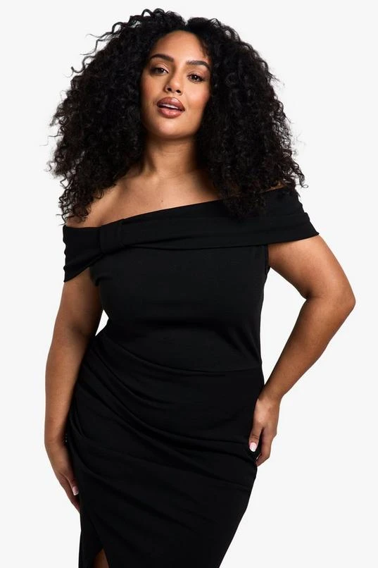 BOOHOO Plus Bow Bardot Rouched Wrap Maxi Dress 4 BOOHOO Plus Bow Bardot Rouched Wrap Maxi Dress - Image 4