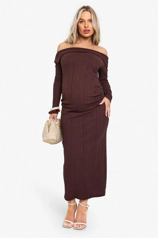 BOOHOO Maternity Rib Bardot Ruched Midaxi 1 BOOHOO Maternity Rib Bardot Ruched Midaxi