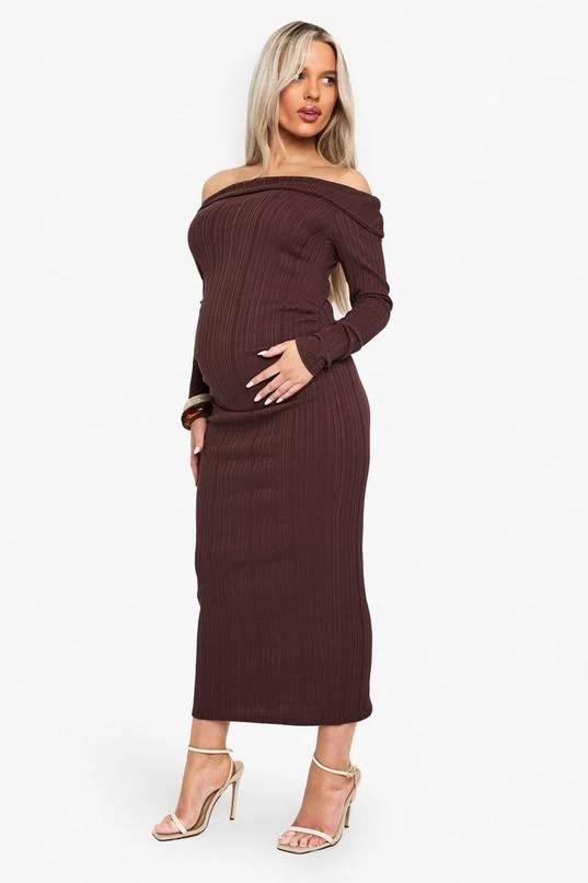 BOOHOO Maternity Rib Bardot Ruched Midaxi 3 BOOHOO Maternity Rib Bardot Ruched Midaxi - Image 3