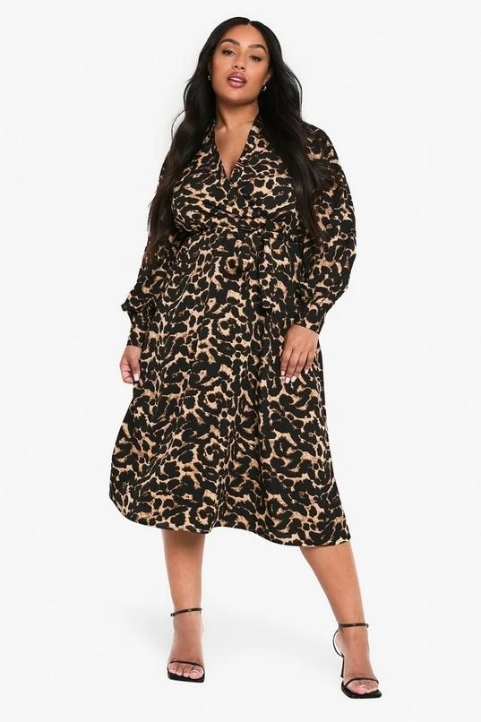 BOOHOO PLUS LEOPARD PRINT BELTED SKATER DRESS 1 BOOHOO PLUS LEOPARD PRINT BELTED SKATER DRESS