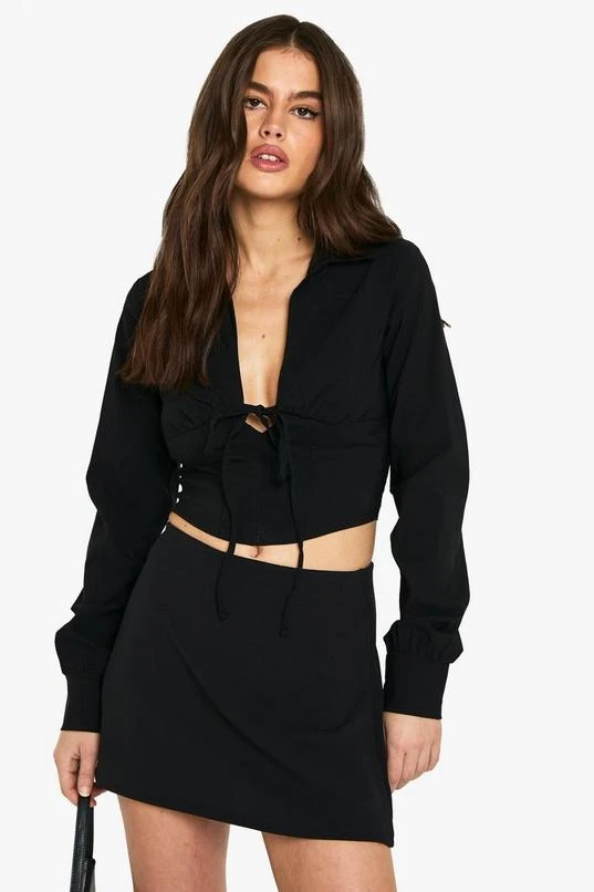 BOOHOO Bengaline Long Sleeve Plunge Front Top 1 BOOHOO Bengaline Long Sleeve Plunge Front Top