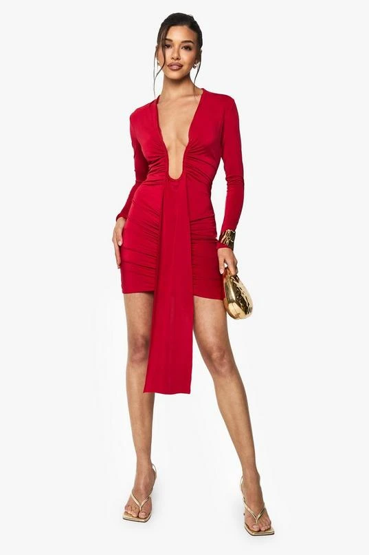 BOOHOO Slinky Plunge Ruched Mini Dress 1 BOOHOO Slinky Plunge Ruched Mini Dress