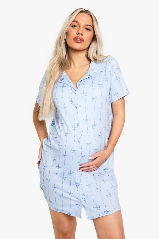 BOOHOO Maternity Bow Print Button Through Collar Nightie 1 BOOHOO Maternity Bow Print Button Through Collar Nightie