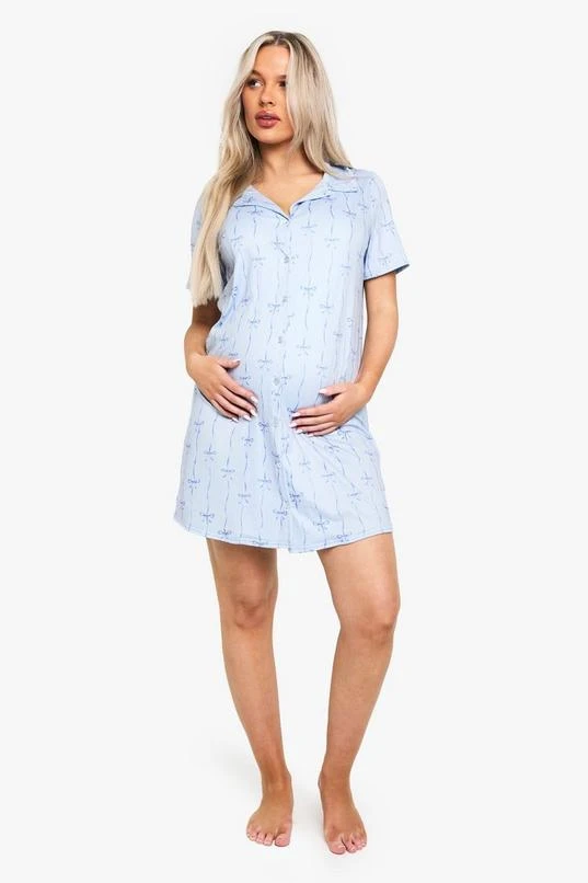 BOOHOO Maternity Bow Print Button Through Collar Nightie 3 BOOHOO Maternity Bow Print Button Through Collar Nightie - Image 3