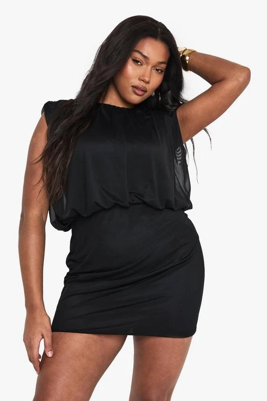 BOOHOO Plus Mesh Blouson Rouched Mini Dress 1 BOOHOO Plus Mesh Blouson Rouched Mini Dress