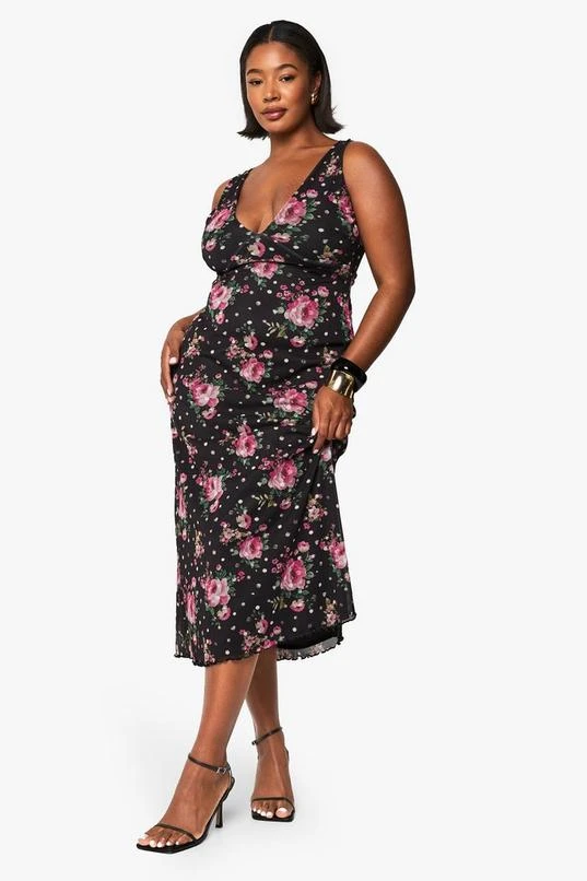 BOOHOO Plus Floral Mesh Fit And Flare Midaxi Dress 1 BOOHOO Plus Floral Mesh Fit And Flare Midaxi Dress