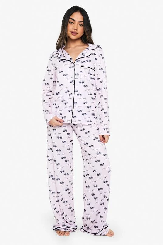 BOOHOO Cherry Print Piping Detail Long Sleeved Shirt & Trousers Pyjama Set 1 BOOHOO Cherry Print Piping Detail Long Sleeved Shirt & Trousers Pyjama Set