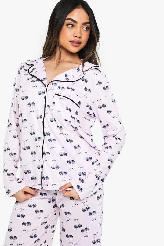 BOOHOO Cherry Print Piping Detail Long Sleeved Shirt & Trousers Pyjama Set 4 BOOHOO Cherry Print Piping Detail Long Sleeved Shirt & Trousers Pyjama Set - Image 4