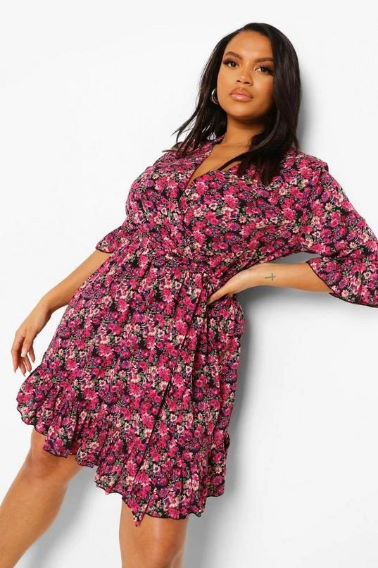 BOOHOO Plus Ditsy Floral Wrap Belted Dress 1 BOOHOO Plus Ditsy Floral Wrap Belted Dress