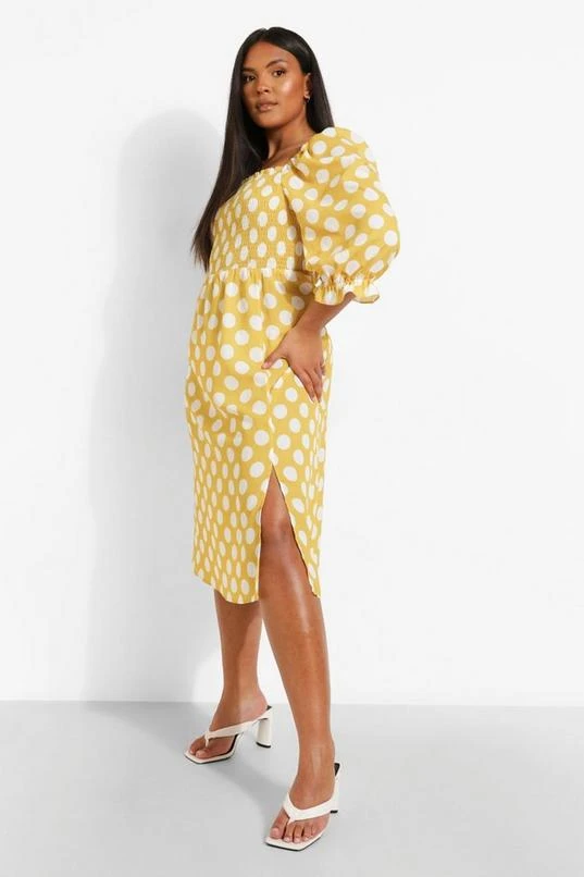 BOOHOO Plus Polka Dot Shirred Puff Sleeve Midi Dress 3 BOOHOO Plus Polka Dot Shirred Puff Sleeve Midi Dress - Image 3