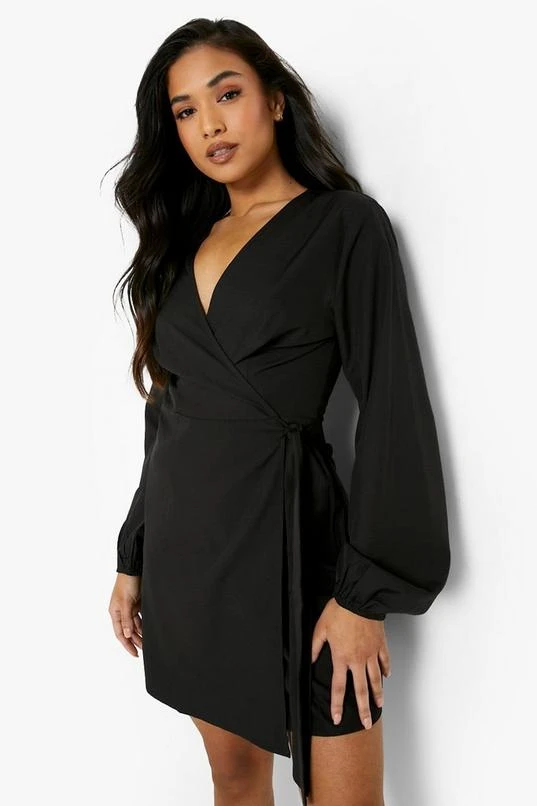BOOHOO Petite Woven Puff Sleeve Belted Wrap Dress 1 BOOHOO Petite Woven Puff Sleeve Belted Wrap Dress