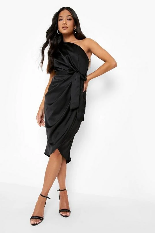 BOOHOO Petite Satin Wrap Asymmetric Belt Midi Dress 1 BOOHOO Petite Satin Wrap Asymmetric Belt Midi Dress