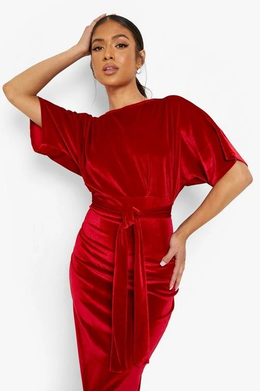 BOOHOO Petite Velvet Tie Waist Wiggle Midi Dress 1 BOOHOO Petite Velvet Tie Waist Wiggle Midi Dress
