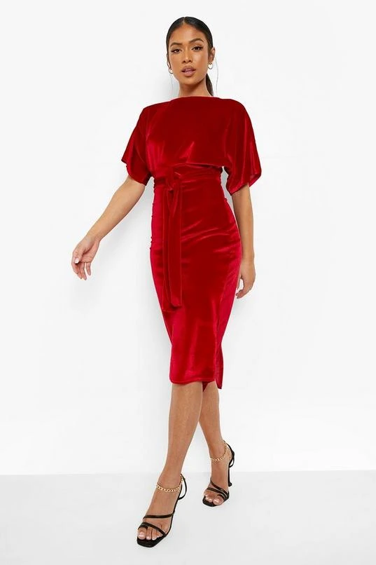 BOOHOO Petite Velvet Tie Waist Wiggle Midi Dress 3 BOOHOO Petite Velvet Tie Waist Wiggle Midi Dress - Image 3