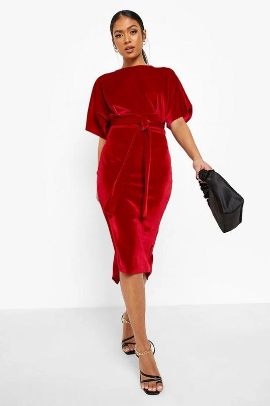 BOOHOO Petite Velvet Tie Waist Wiggle Midi Dress 4 BOOHOO Petite Velvet Tie Waist Wiggle Midi Dress - Image 4