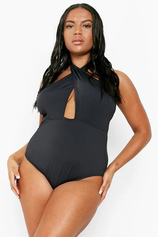 BOOHOO Plus Wrap Front Halter Swimsuit 1 BOOHOO Plus Wrap Front Halter Swimsuit