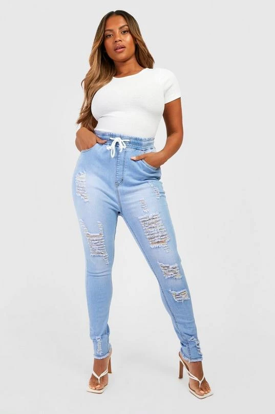 BOOHOO Plus Elasticated Waist Distressed Skinny Jeans 1 BOOHOO Plus Elasticated Waist Distressed Skinny Jeans