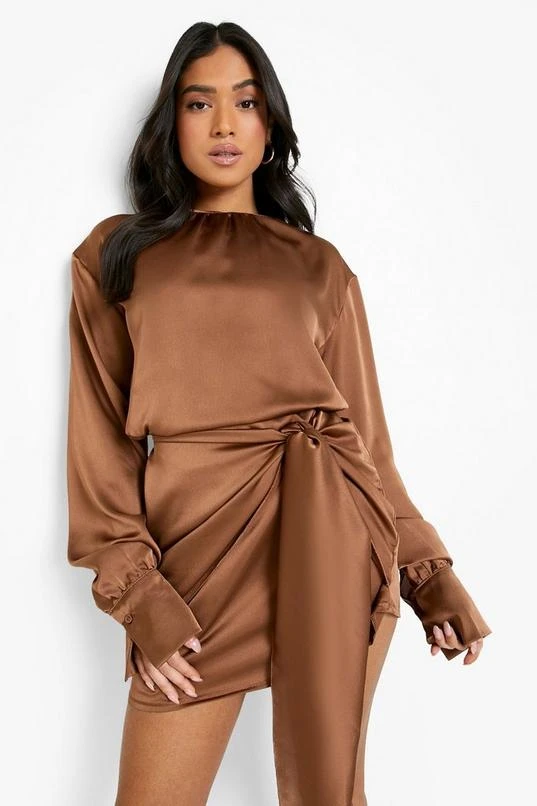 BOOHOO Petite Satin Tie Wrap Mini Dress 3 BOOHOO Petite Satin Tie Wrap Mini Dress - Image 3