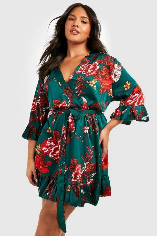 BOOHOO Plus Floral Wrap Belted Dress 1 BOOHOO Plus Floral Wrap Belted Dress