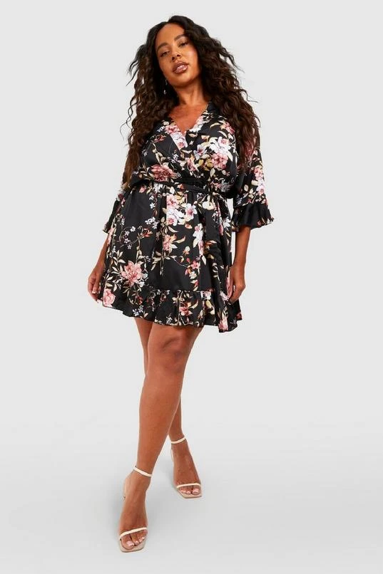 BOOHOO Plus Floral Satin Ruffle Wrap Dress 1 BOOHOO Plus Floral Satin Ruffle Wrap Dress