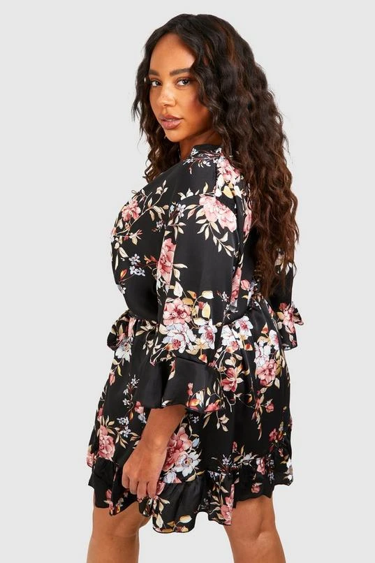 BOOHOO Plus Floral Satin Ruffle Wrap Dress 2 BOOHOO Plus Floral Satin Ruffle Wrap Dress - Image 2