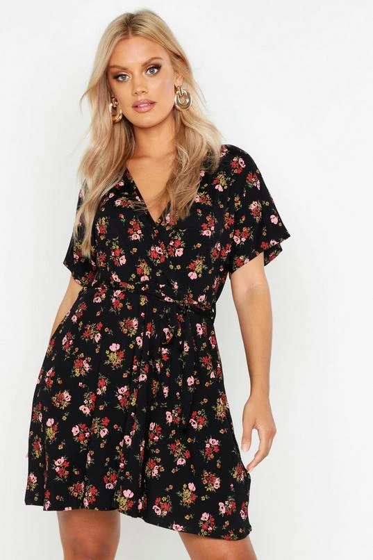 BOOHOO Plus Floral Tie Waist Wrap Tea Dress 1 BOOHOO Plus Floral Tie Waist Wrap Tea Dress