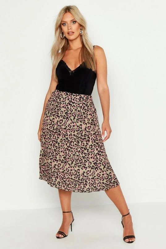 BOOHOO Plus Leopard Print Pleated Midi Skirt 1 BOOHOO Plus Leopard Print Pleated Midi Skirt