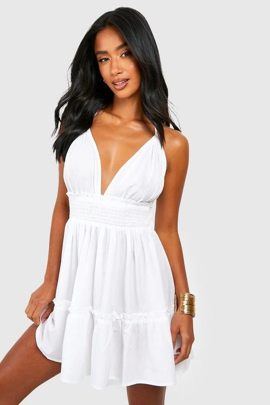 BOOHOO Petite Ruched Waist Frill Halter Beach Dress 1 BOOHOO Petite Ruched Waist Frill Halter Beach Dress