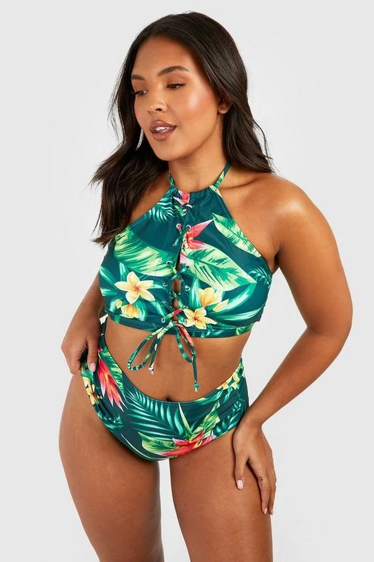BOOHOO Plus Hawaiian Print Lace Up High Waisted Bikini 1 BOOHOO Plus Hawaiian Print Lace Up High Waisted Bikini