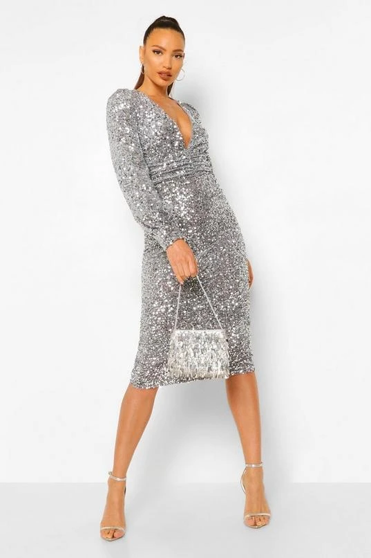 BOOHOO Tall Sequin Balloon Sleeve Plunge Midi Dress 3 BOOHOO Tall Sequin Balloon Sleeve Plunge Midi Dress - Image 3