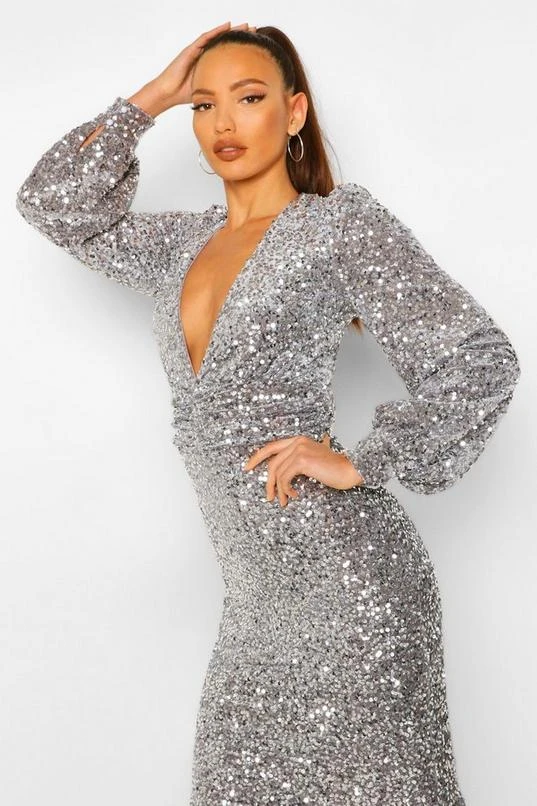 BOOHOO Tall Sequin Balloon Sleeve Plunge Midi Dress 4 BOOHOO Tall Sequin Balloon Sleeve Plunge Midi Dress - Image 4